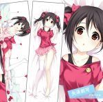  1girl asymmetrical_legwear barefoot black_hair bow breasts cleavage collarbone dakimakura feet flat_chest from_above from_behind hair_bow japanese_clothes kimono long_hair love_live! love_live!_school_idol_project lying off_shoulder on_back on_stomach open_mouth pink_skirt pleated_skirt red_bow red_eyes skirt thigh-highs twintails verjuice white_legwear yazawa_nico yukata 
