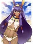  1girl arms_behind_back bangs blunt_bangs blush breasts closed_mouth clouds cloudy_sky commentary_request cowboy_shot dark_skin day earrings egyptian_clothes facial_mark fate/grand_order fate_(series) gluteal_fold hair_between_eyes hair_tubes hairband hoop_earrings jewelry long_hair looking_at_viewer medium_breasts navel nitocris_(fate/grand_order) purple_hair sidelocks signature sky solo stomach tirotata very_long_hair violet_eyes 