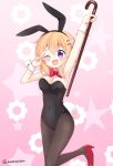  1girl ;d animal_ears arm_up armpits black_legwear bow bowtie breasts bunny_tail bunnysuit cane cleavage covered_navel cowboy_shot detached_collar fake_animal_ears gochuumon_wa_usagi_desu_ka? hoto_cocoa massala one_eye_closed open_mouth orange_hair pantyhose rabbit_ears red_bow red_bowtie red_shoes shoes short_hair smile solo standing standing_on_one_leg tail twitter_username v v_over_eye violet_eyes wrist_cuffs 