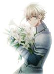  1boy armor artist_request blonde_hair fate/extra fate_(series) flower gauntlets gawain_(fate/extra) green_eyes holding holding_flower looking_at_viewer male_focus simple_background smile solo white_background 