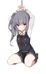  1girl angry bdsm black_legwear blush bound bound_wrists brown_eyes buttons clenched_teeth cuffs dress full_body grey_hair highres kantai_collection kasumi_(kantai_collection) kneehighs long_hair long_sleeves looking_at_viewer mitsudoue pinafore_dress red_ribbon remodel_(kantai_collection) ribbon school_uniform shackles shirt side_ponytail sitting sleeveless sleeveless_dress solo teeth white_shirt 