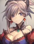  1girl asymmetrical_hair breasts cleavage closed_mouth eyebrows_visible_through_hair fate/grand_order fate_(series) grey_background hair_ornament hair_over_one_eye large_breasts leaf leaf_earrings maple_leaf mephist-pheles miyamoto_musashi_(fate/grand_order) ponytail silver_hair smile solo upper_body violet_eyes 