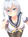  1girl absurdres black_legwear blue_eyes breasts cleavage collarbone commentary_request gloves hair_between_eyes hair_ornament hairclip hamakaze_(kantai_collection) highres kantai_collection large_breasts leaning_forward looking_at_viewer neckerchief pantyhose parted_lips pleated_skirt school_uniform serafuku short_hair silver_hair skirt solo twinameless white_gloves 