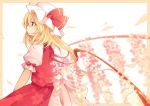  1girl alternate_wings blonde_hair bow cherry_blossoms closed_mouth flandre_scarlet from_side hat hat_ribbon long_hair looking_away mob_cap profile puffy_short_sleeves puffy_sleeves red_eyes red_ribbon ribbon short_hair short_sleeves side_ponytail skirt skirt_set solo tama_(soon32281) touhou wings 