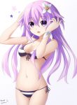  1girl :3 :d adult_neptune alternate_costume arms_up artist_name bare_arms bare_shoulders bikini black_ribbon blush breasts choujigen_game_neptune cleavage comic cowboy_shot eyebrows_visible_through_hair flower front-tie_bikini front-tie_top hair_between_eyes hair_flower hair_ornament keenh long_hair looking_at_viewer medium_breasts navel neptune_(choujigen_game_neptune) neptune_(series) open_mouth purple_hair ribbon shin_jigen_game_neptune_vii side-tie_bikini simple_background smile solo standing stomach straight_hair striped striped_bikini swimsuit tareme thigh_gap violet_eyes white_background wristband 