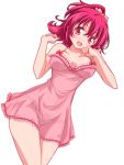  1girl aida_mana bow bow_bra bow_panties bra breasts chemise dokidoki!_precure frilled_bra frills half_updo kikuchi_tsutomu lace lace-trimmed_bra lace-trimmed_panties lingerie looking_at_viewer medium_breasts open_mouth panties pink_bow pink_bra pink_eyes pink_hair pink_panties precure see-through short_hair simple_background smile solo strap_slip underwear white_background 