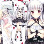  1girl absolute_duo bed_sheet black_ribbon breasts cleavage closed_eyes collarbone dakimakura dress_shirt eyebrows_visible_through_hair from_above hair_ribbon long_hair looking_at_viewer lying on_side ribbon shirt silver_hair sleeping small_breasts verjuice violet_eyes white_shirt yurie_sigtuna 