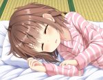  1girl blush brown_hair closed_eyes commentary_request fang futon ikazuchi_(kantai_collection) jewelry kantai_collection long_sleeves lying on_side open_mouth pajamas pillow ring short_hair sleeping solo striped striped_pajamas tatami tsunsuki_(naobe009) wedding_band 