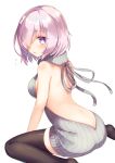 1girl ass backless_outfit bangs bare_arms bare_back black_legwear blush butt_crack commentary_request dress emilion fate/grand_order fate_(series) flying_sweatdrops from_behind hair_over_one_eye halterneck highres looking_at_viewer looking_back naked_sweater no_bra no_panties no_shoes open-back_dress pink_hair ribbed_sweater shielder_(fate/grand_order) short_hair simple_background sitting solo striped sweater sweater_dress thigh-highs turtleneck turtleneck_sweater violet_eyes virgin_killer_sweater wariza white_background