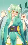  1girl blush command_spell commentary_request embarrassed fate/grand_order fate_(series) green_hair groin highres horns japanese_clothes kimono kiyohime_(fate/grand_order) long_hair open_mouth ouka753 pelvic_curtain sash solo_focus sweatdrop thigh-highs thighs wall_slam wavy_mouth white_legwear wide_sleeves yellow_eyes 