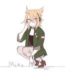  1girl bespectacled blonde_hair blush breasts character_name choker cleavage contemporary earmuffs glasses green_jacket high_heels highres jacket open_clothes open_jacket pants pointy_hair sketch smile solo squatting tis_(shan0x0shan) touhou toyosatomimi_no_miko yellow_eyes 