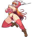  1girl ankle_boots armlet armor bare_shoulders belt boots breasts brown_boots brown_gloves brown_hair cleavage collarbone daisy_(dq) dragon_quest_yuusha_abel_densetsu full_body gloves helmet horned_helmet kneehighs long_hair looking_at_viewer lowres open_mouth orange_eyes panties pixel_art simple_background solo sword thigh-highs underwear weapon white_background yumurama 