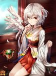  1girl 2017 alternate_costume artist_name dango feathered_wings feathers floral_print food happy_new_year highres houdukixx japanese_clothes kimono kishin_sagume new_year obi red_eyes sash shide signature silver_hair single_wing solo touhou translated wagashi white_wings wings 