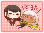  2girls bangs black_hair blunt_bangs border braiding_hair chibi dangan_ronpa dark_skin ganguro hair_ornament hairclip hairdressing harukawa_maki jacket long_hair looking_at_another low_twintails lying mole mole_under_eye multiple_girls new_dangan_ronpa_v3 on_stomach plaid plaid_background plaid_skirt pleated_skirt red_background red_border red_legwear school_uniform scrunchie serafuku silver_hair simple_background skirt smile thigh-highs twintails yellow_jacket yonaga_angie yumaru_(marumarumaru) 