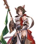  1girl animal_ears artist_request black_legwear breasts brown_hair cleavage detached_sleeves granblue_fantasy hair_ornament leona_(granblue_fantasy) long_hair low_ponytail medium_breasts minaba_hideo photoshop polearm sash single_gauntlet smile solo spear thigh-highs very_long_hair weapon 