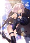  1girl ahoge armpits bare_shoulders black_legwear bodysuit breasts cleavage cleavage_cutout clouds day elbow_gloves fate/grand_order fate_(series) gloves hair_over_one_eye high_heels highleg highleg_leotard holding_shield impossible_clothes impossible_leotard leg_up lens_flare leotard looking_at_viewer medium_breasts midriff navel navel_cutout official_art open_mouth purple_bodysuit purple_gloves purple_hair purple_legwear revealing_clothes shield shielder_(fate/grand_order) short_hair skin_tight sky sleeveless smile solo sweat takeuchi_takashi thigh-highs thigh_strap violet_eyes 
