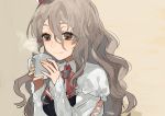  1girl artist_name ascot blush breasts brown_eyes commentary_request cup frilled_sleeves frills grey_hair hair_between_eyes hat hita_(hitapita) kantai_collection long_hair long_sleeves mini_hat mug pola_(kantai_collection) shirt simple_background smile solo steam upper_body wavy_hair white_shirt 