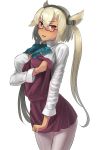  1girl alternate_costume ao_iro blush bow bowtie breast_hold breasts cosplay dark_skin eyebrows_visible_through_hair glasses headgear highres kantai_collection kiyoshimo_(kantai_collection) kiyoshimo_(kantai_collection)_(cosplay) large_breasts long_sleeves looking_at_viewer musashi_(kantai_collection) pantyhose pleated_skirt pointy_hair school_uniform skirt solo two_side_up 