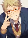  1boy ;) bespectacled blazer blonde_hair blush brown_eyes glasses grey_background grin jacket kanbara_akihito katase_waka kyoukai_no_kanata leaning_forward male_focus necktie one_eye_closed orange-framed_eyewear red_necktie school_uniform simple_background smile solo sweater upper_body 