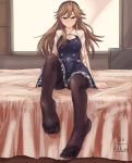  1girl arashio_(kantai_collection) artist_name black_legwear blush breasts brown_eyes brown_hair commentary_request dress feet frilled_dress frills hair_between_eyes highres kakiiro_wing kantai_collection long_hair long_sleeves medium_breasts no_shoes on_bed pantyhose pinafore_dress remodel_(kantai_collection) school_uniform shirt sitting solo toes white_shirt 