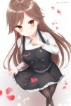  1girl arashio_(kantai_collection) artist_name belt_buckle black_belt blush breasts brown_hair buckle cherry_blossoms collared_shirt dated dress dress_lift finger_to_mouth from_above highres kantai_collection long_hair long_sleeves looking_at_viewer pantyhose pinafore_dress remodel_(kantai_collection) sakiryo_kanna shiny shiny_hair shirt smile solo white_shirt 