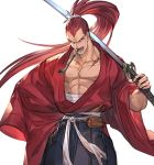 1boy alpha_transparency granblue_fantasy hakama hand_on_hip japanese_clothes katana kibagami_genjuro kiseru long_hair looking_at_viewer male_focus minaba_hideo muscle official_art open_mouth over_shoulder pipe pipe_in_mouth ponytail redhead samurai_spirits sarashi scar shouting solo sword transparent_background weapon weapon_over_shoulder wide_sleeves widow&#039;s_peak 