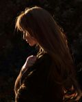  1girl brown_hair closed_mouth commentary guweiz light lips long_hair nose original profile self_hug solo 