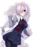  1girl :d black_dress black_legwear cowboy_shot dress fate/grand_order fate_(series) glasses hair_over_one_eye highres jacket looking_at_viewer necktie open_mouth outstretched_hand pantyhose purple_hair red_necktie shielder_(fate/grand_order) short_hair smile solo violet_eyes yoshida_takuma 