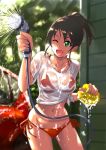  1girl bikini brown_hair green_eyes harada_miyo hose idolmaster idolmaster_cinderella_girls kaoru348 navel one_eye_closed see-through shirt side-tie_bikini smile solo sponge swimsuit t-shirt tied_shirt water wet wet_clothes wet_shirt wet_t-shirt 