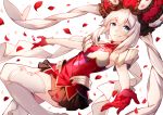  1girl big_hat blue_eyes commentary_request dress fate/grand_order fate_(series) gloves hat long_hair marie_antoinette_(fate/grand_order) miya_(izumi369) petals red_gloves rose_petals short_dress simple_background smile solo thigh-highs twintails white_background white_hair white_legwear 