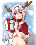  1girl adyisu altair_floone antlers bangs bell bell_collar capelet christmas collar eyebrows_visible_through_hair gift grey_hair hair_between_eyes holding holding_gift looking_at_viewer midriff navel open_mouth original sack santa_costume short_hair smile snow solo tail twitter_username upper_body 