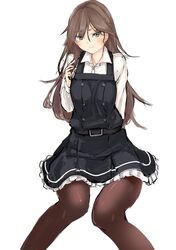  1girl arashio_(kantai_collection) belt black_dress black_legwear blush brown_eyes brown_hair commentary_request dress eyebrows_visible_through_hair frilled_dress frills highres kantai_collection long_hair long_sleeves looking_at_viewer pantyhose remodel_(kantai_collection) school_uniform shiragiku1991 shirt simple_background sketch solo translation_request white_background white_shirt 