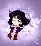  1girl bishoujo_senshi_sailor_moon choker circlet collarbone drachea_rannak earrings jewelry purple_hair ribbon sailor_saturn smile solo tomoe_hotaru violet_eyes watermark 