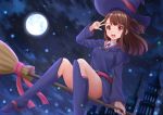  1girl akko_kagari blush boots broom broom_riding brown_hair building clouds dress flying hat highres kazenokaze little_witch_academia long_hair moon night open_mouth sky solo star teeth witch witch_hat 