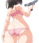  1girl ass black_hair bra breasts butt_crack cowboy_shot curvy dd_(ijigendd) from_behind from_below gun handgun highres medium_breasts original panties pink_bra pink_panties polka_dot polka_dot_bra polka_dot_panties short_hair simple_background skindentation solo strap_slip string_panties trigger_discipline underwear underwear_only weapon white_background wide_hips 