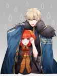  1boy 1girl :d ahoge artist_request blonde_hair blush coat droplet eyebrows_visible_through_hair fate/extra fate/grand_order fate_(series) fujimaru_ritsuka_(female) fur-trimmed_coat fur_trim gauntlets gawain_(fate/extra) green_eyes highres open_mouth orange_hair shared_clothes short_hair side_ponytail smile upper_body wide_sleeves 