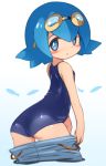  1girl ass blue_eyes blue_hair blush_stickers bright_pupils goggles goggles_on_head karukan_(monjya) looking_at_viewer one-piece_swimsuit open_mouth pants pants_down pokemon pokemon_(anime) pokemon_(game) pokemon_sm short_hair solo suiren_(pokemon) swimsuit 