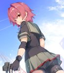  1girl artist_name ass bike_shorts black_gloves black_shirt blush breasts elbow_pads from_below gloves grey_skirt hair_between_eyes hair_intakes holding holding_weapon kantai_collection kinu_(kantai_collection) looking_at_viewer medium_breasts meth_(emethmeth) open_mouth pink_hair red_eyes remodel_(kantai_collection) shirt short_hair short_sleeves skirt sky solo weapon 
