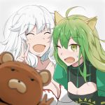  2girls :d ahoge animal_ears archer_of_red artemis_(fate/grand_order) cat_ears closed_eyes fate/apocrypha fate/grand_order fate_(series) green_eyes green_hair multiple_girls open_mouth orion_(fate/grand_order) smile v white_hair 