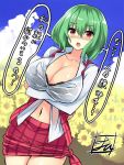  bangs black_bra blush bra breast_hold breasts buttons cleavage clouds collarbone collared_shirt commentary_request cowboy_shot crossed_arms day eyebrows_visible_through_hair flower green_hair hair_between_eyes kazami_yuuka large_breasts long_sleeves looking_at_viewer navel nose_blush open_mouth outdoors red_eyes red_skirt red_vest shirt short_hair skirt sleeveless speech_bubble sweat tied_skirt tirotata touhou translation_request underwear vest white_shirt 