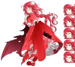  1girl :d bandaid bangs braid cape capelet closed_eyes closed_mouth commentary_request crossed_bandaids dairi eyebrows_visible_through_hair frills from_side hair_between_eyes hand_on_own_chest long_hair long_sleeves looking_at_viewer okazaki_yumemi open_mouth red_cape red_eyes red_shoes redhead shoes simple_background single_braid smile solo sweat tachi-e torn_cape torn_clothes touhou touhou_(pc-98) white_background 