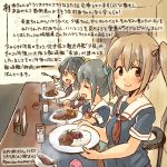  3girls ^_^ ^o^ aqua_bow black_hair black_serafuku blue_bow blue_bowtie bow bowtie brown_eyes brown_hair closed_eyes commentary_request cup curry curry_rice dated dress drinking_glass food grey_hair hair_bow holding holding_plate holding_spoon kantai_collection kirisawa_juuzou long_hair long_sleeves multiple_girls murasame_(kantai_collection) naganami_(kantai_collection) neckerchief plate ponytail red_neckerchief rice sailor_collar school_uniform serafuku shirt short_hair short_sleeves sitting sleeveless sleeveless_dress smile spoon traditional_media translation_request twintails twitter_username white_sailor_collar white_shirt window yellow_eyes yuubari_(kantai_collection) 