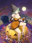 1girl alternate_costume bangs bare_shoulders breasts candy choker cleavage closed_mouth collarbone cross cupcake dress eating expressionless food fork full_moon green_hair halloween halloween_costume hat hikage_(senran_kagura) jack-o&#039;-lantern large_breasts lollipop looking_at_viewer moon night night_sky official_art orange_dress outdoors pouch senran_kagura senran_kagura_(series) senran_kagura_new_wave short_hair sitting sky solo strapless strapless_dress tombstone witch_hat wrapped_candy yaegashi_nan yellow_eyes 