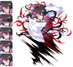  1girl :d bangs black_hair blush closed_eyes closed_mouth commentary_request dairi holding holding_sword holding_weapon horn konngara long_sleeves looking_at_viewer open_mouth ponytail red_eyes shaded_face simple_background smile sweat sword tachi-e tears touhou touhou_(pc-98) weapon white_background 