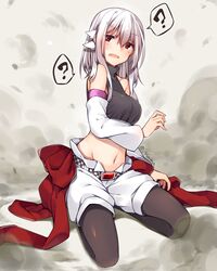  1girl ? altair_floone bangs breasts cleavage detached_sleeves eyebrows_visible_through_hair full_body grey_hair hair_between_eyes halterneck hips looking_at_viewer medium_breasts midriff navel open_mouth original red_eyes seiza short_hair sitting smoke solo spoken_question_mark turtleneck 