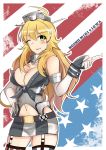  ahoge american_flag blonde_hair breasts character_name cleavage copyright_name cosplay elbow_gloves front-tie_top garter_straps gloves gluteal_fold green_eyes hand_on_hip headgear highres hoshii_miki idolmaster iowa_(kantai_collection) iowa_(kantai_collection)_(cosplay) kantai_collection kowaremashita large_breasts microskirt mismatched_legwear one_eye_closed skirt striped striped_legwear thigh-highs tongue tongue_out vertical-striped_legwear vertical_stripes 