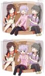  2koma 3girls absurdres black_hair blush brown_hair closed_eyes comic hand_on_another&#039;s_head highres himekawa_yuki idolmaster idolmaster_cinderella_girls juralumin kbyd_(idolmaster_cinderella_girls) kobayakawa_sae koshimizu_sachiko long_hair messy_hair multiple_girls open_mouth petting ponytail purple_hair short_hair smile twoel 