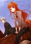 1boy 1girl absurdres animal_ears ayakura_juu bracelet brown_hair collarbone craft_lawrence dutch_angle floating_hair grin highres holo jewelry long_hair looking_at_viewer official_art outdoors red_eyes short_hair silver_hair sitting smile spice_and_wolf tail wolf_ears wolf_tail 
