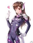  1girl ;d bangs bodysuit breasts brown_eyes brown_hair covered_navel cowboy_shot d.va_(overwatch) facepaint gloves gluteal_fold hand_on_hip hand_up headphones headset heart hieung long_hair looking_at_viewer one_eye_closed open_mouth overwatch ribbed_bodysuit simple_background small_breasts smile solo swept_bangs white_background white_gloves 