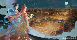  2girls absurdres architecture bare_shoulders bird black_hair blue_dress blue_eyes character_request circlet clouds detached_sleeves dress east_asian_architecture feather_dress feather_sleeves fireworks from_behind full_body full_moon gold_tiara hagoromo highres huaning_haoxiao_ning long_dress long_hair looking_ahead looking_at_another moon multiple_girls multiple_torii night night_sky nikki_(series) outdoors outstretched_hand people pink_hair shawl shining_nikki short_hair sky standing torii town updo very_long_hair weibo_watermark white_sleeves yellow_dress 